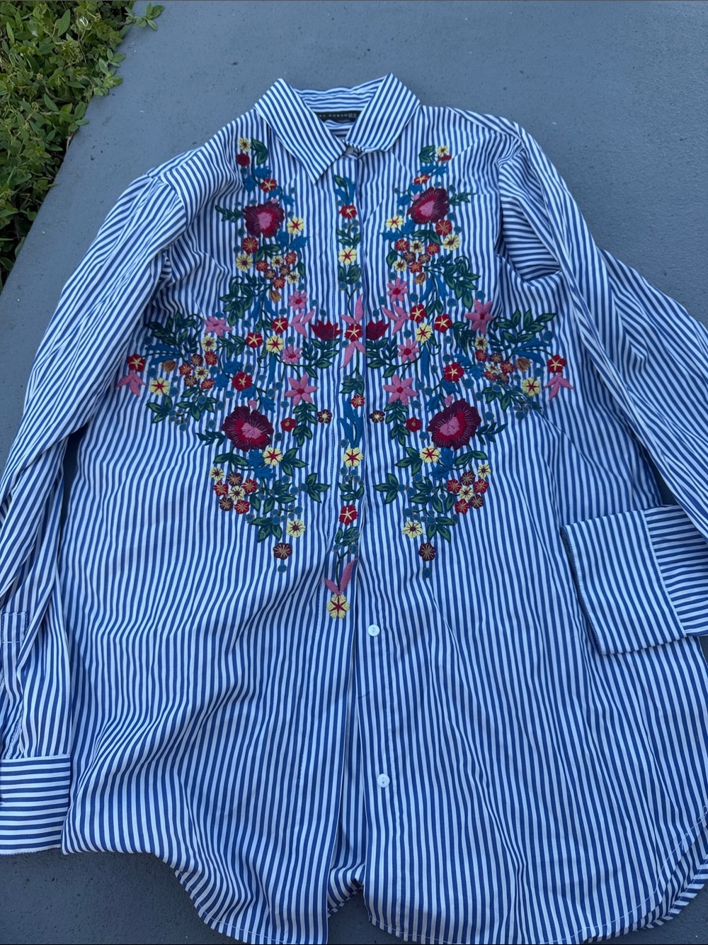 Zara Blue and White Striped Blouse with Multicolor Floral Embroidery